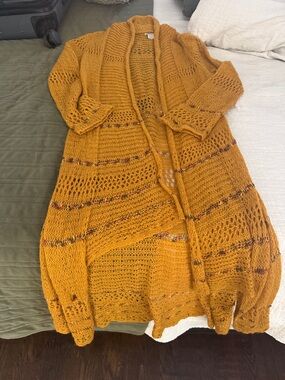 Lucky Brand Open Weave Long Cardigan in Mustard